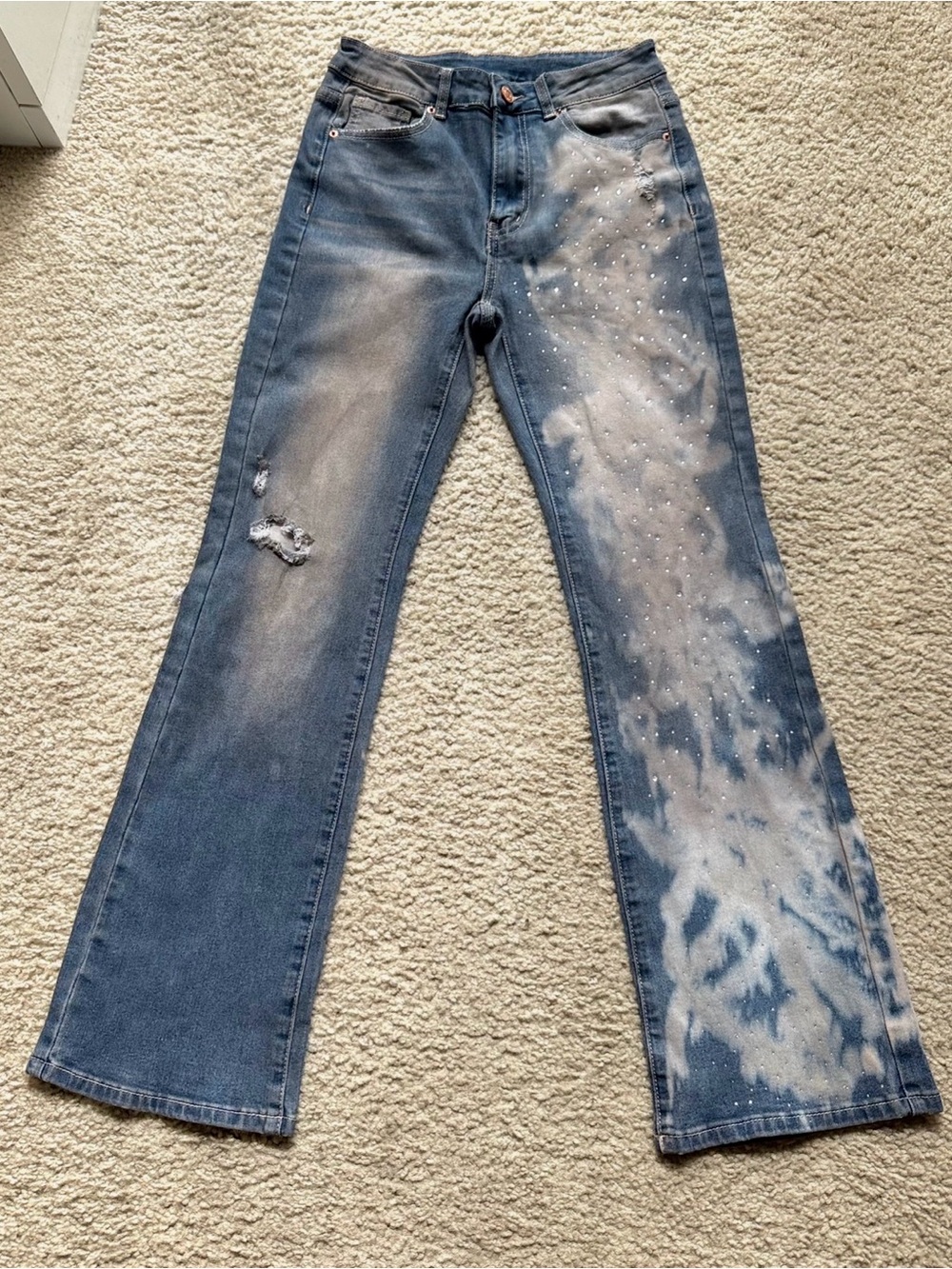 Reworked Rhinestone Artisan Bleached Distressed Wide Leg Jeans OOAK Y2K Boho XS - Picture 13 of 14